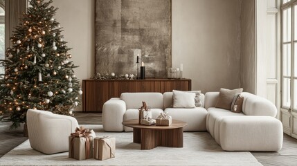 Stylish holiday living room with modular sofa, boucle armchair, wooden console, and a beautifully decorated tree. Gifts wrapped neatly beneath, perfect for family gatherings.