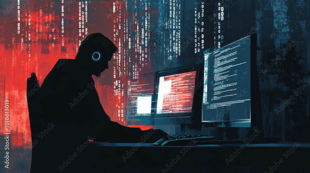 Poster a shadowy figure sits at a computer, surrounded by flashing code and symbols. this represents the th