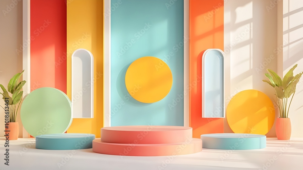Poster multicolored 3d studio backdrop with a minimalist podium display soft window shadows and a sunlit pr