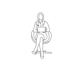  vector line art of a sitting woman working on a laptop in the office