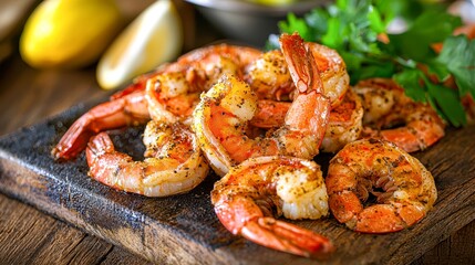 Deliciously cooked shrimp, seasoned and presented on a wooden surface, garnished with fresh herbs and accented by lemon slices, perfect for seafood recipes, menus, or food blogs,