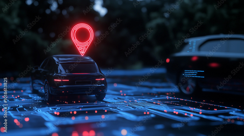 Poster a modern car positioned on a digital map with a location pin indicating real-time navigation
