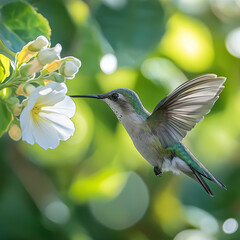 Naklejka premium A single hummingbird hovering near a white flower in bright daylight, focused mood