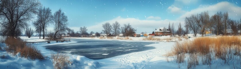 A serene winter landscape featuring a frozen lake, snow-covered trees, and a clear blue sky, evoking tranquility and beauty.