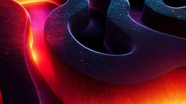 Abstract swirling neon labyrinth maze dark background visualization, Fiery spiral 3D liminal swirl concept