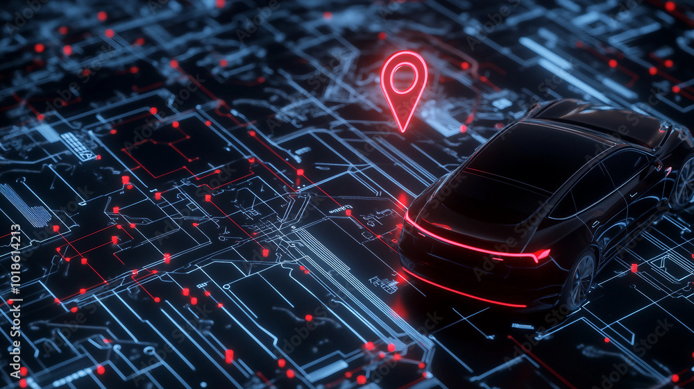 Poster a modern car positioned on a digital map with a location pin indicating real-time navigation