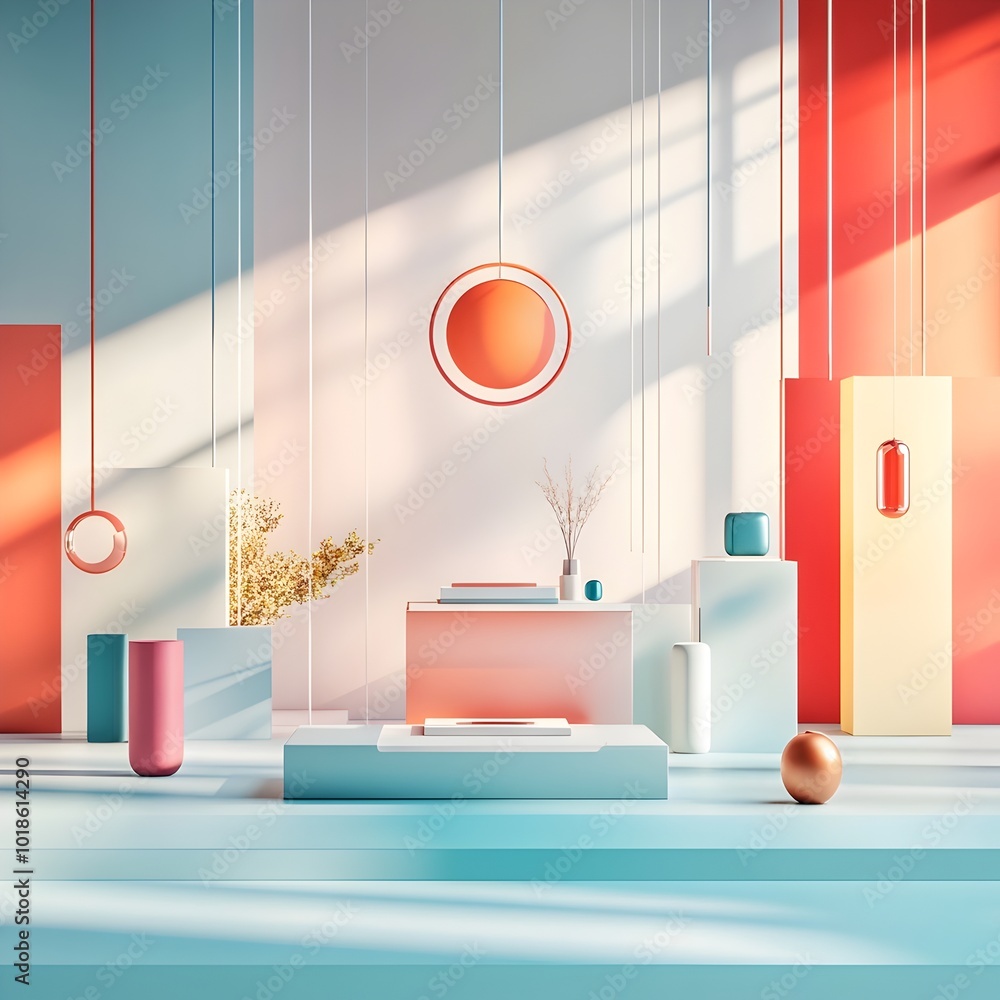 Poster vivid and transparent 3d studio scene with prismatic color palette dramatic shadow play from window 