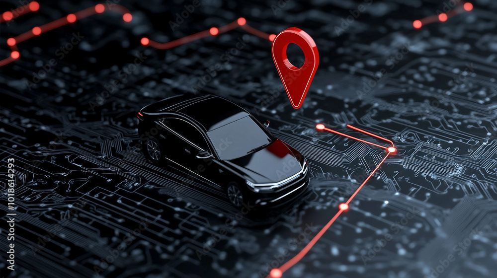 Poster a modern car positioned on a digital map with a location pin indicating real-time navigation