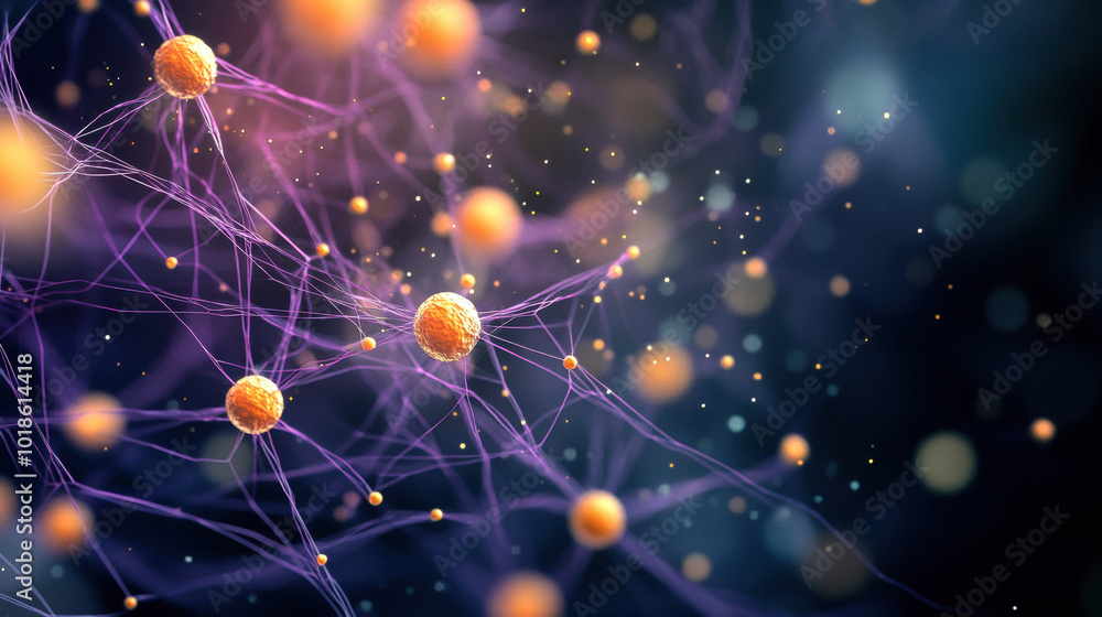Poster Microscopic network showcasing interconnected cells and structures, with vibrant colors and intricate details, creating captivating visual representation of biological systems