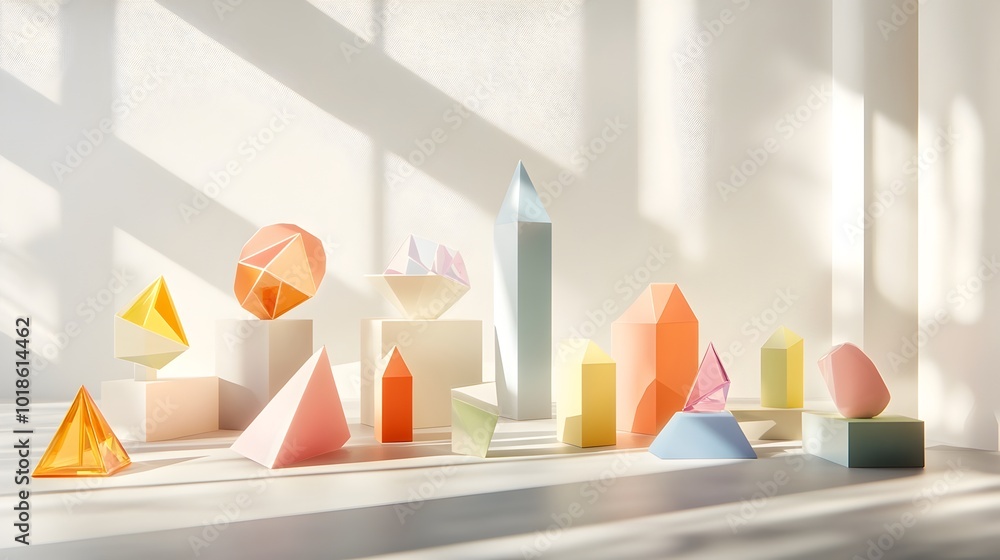Aufkleber prismatic 3d product display with geometric multicolored prism forms arranged on a metallic countert