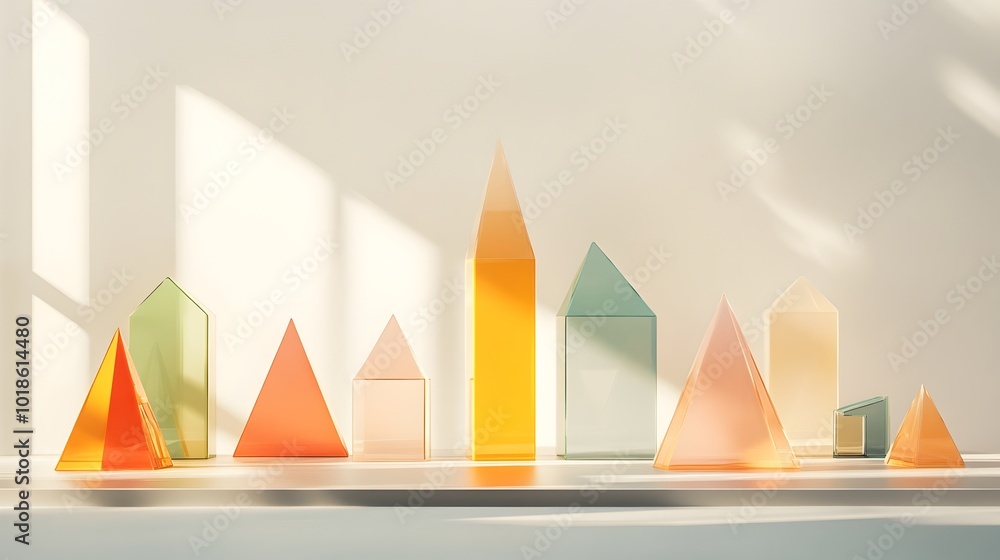 Poster prismatic 3d product display featuring geometric multi colored prism forms arranged on a metallic co