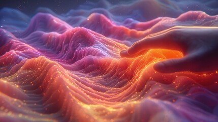 A hand is touching a colorful, glowing surface that looks like a mountain range