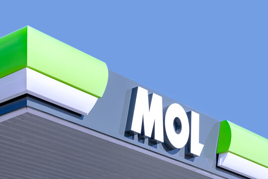 Sulechow, Poland - September 27, 2024. MOL logo on a petrol station - MOL is a Hungarian multinational oil and gas company headquartered in Budapest.