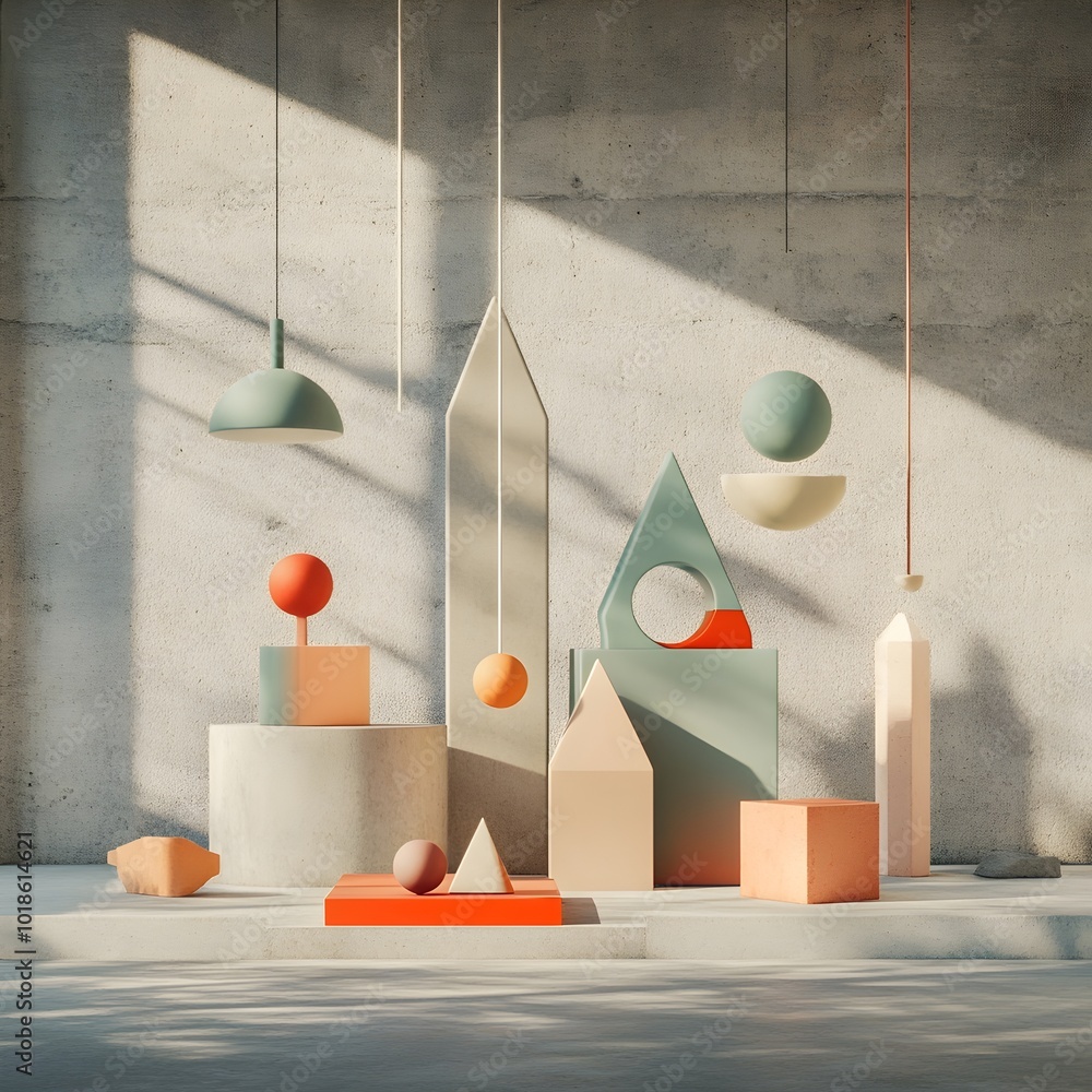 Poster vibrant 3d prismatic faceted forms product setup in sparse concrete studio environment with natural 