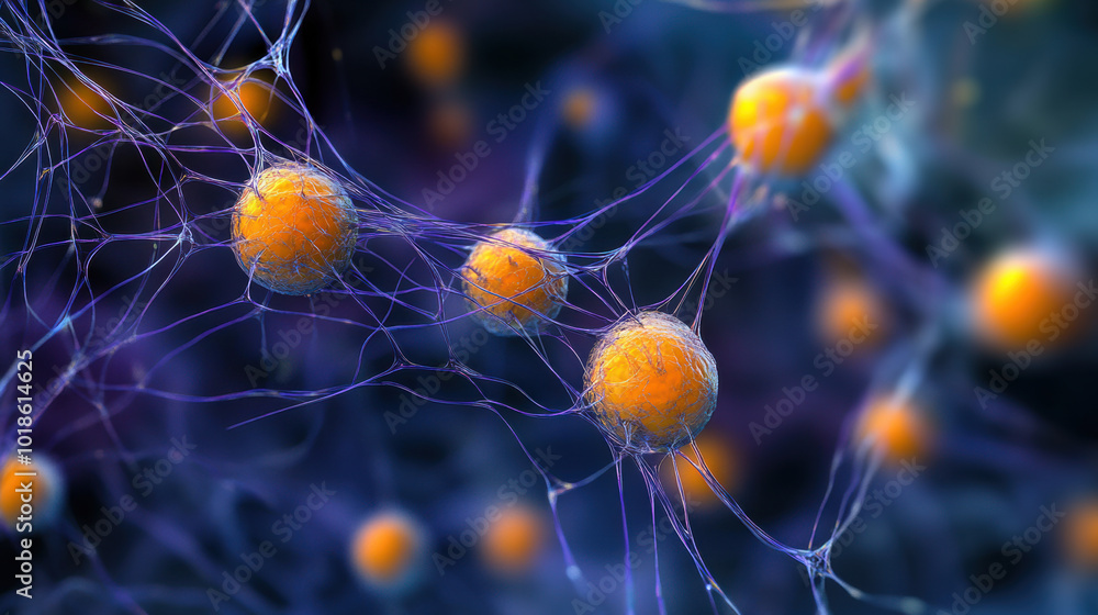 Poster close up of biological structure showcasing vibrant orange cells interconnected by delicate filament