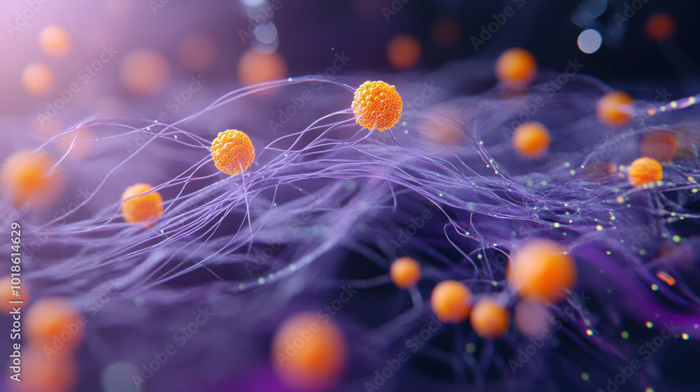Poster close up of biological tissue showcasing tiny orange cells interconnected by delicate strands, creat