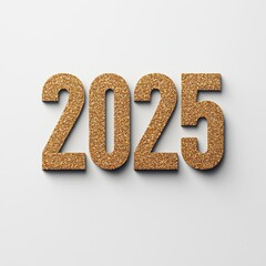 A glittery golden 2025 stands against a clean white background, perfect for New Year's celebrations, event promotions, or milestone themes in marketing materials