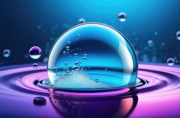 abstract reservoir of water in the form of a sphere on a blue and purple background, water bubbles, water molecule