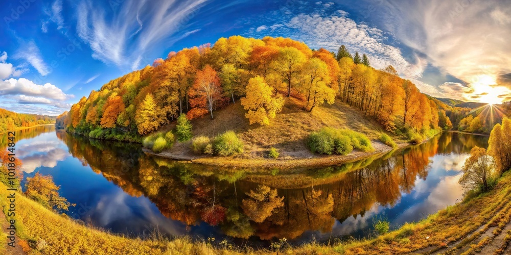 Wall mural autumn colorful golden wild forest on riverside hill in fisheye view