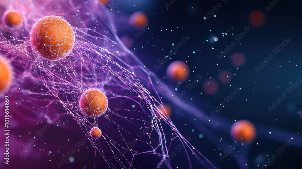 Poster biological formation with vibrant orange spheres and intricate web like structures, showcasing stunn