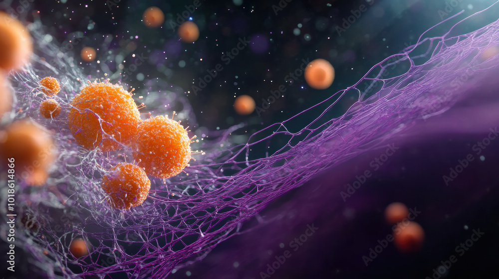 Poster close up view of biological formation showcasing vibrant orange cells interacting with purple networ