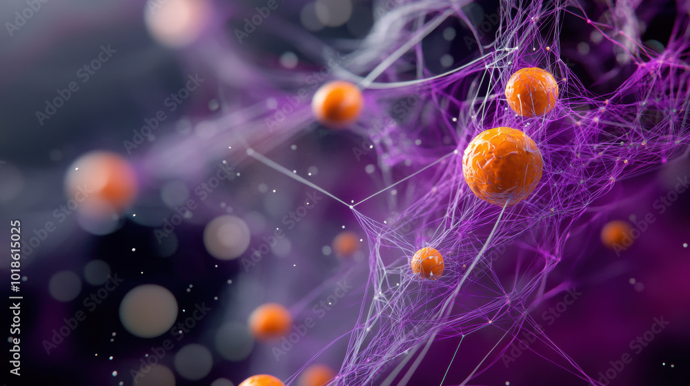 Poster microscopic environment showcasing vibrant orange spheres interconnected by delicate purple strands,