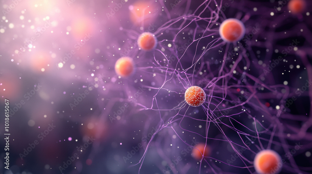 Poster close up view of microscopic environment showcasing vibrant cells interconnected by delicate filamen