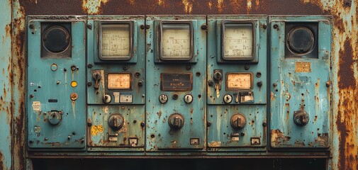 Close up of an old, rusty, blue control panel with gauges and switches.