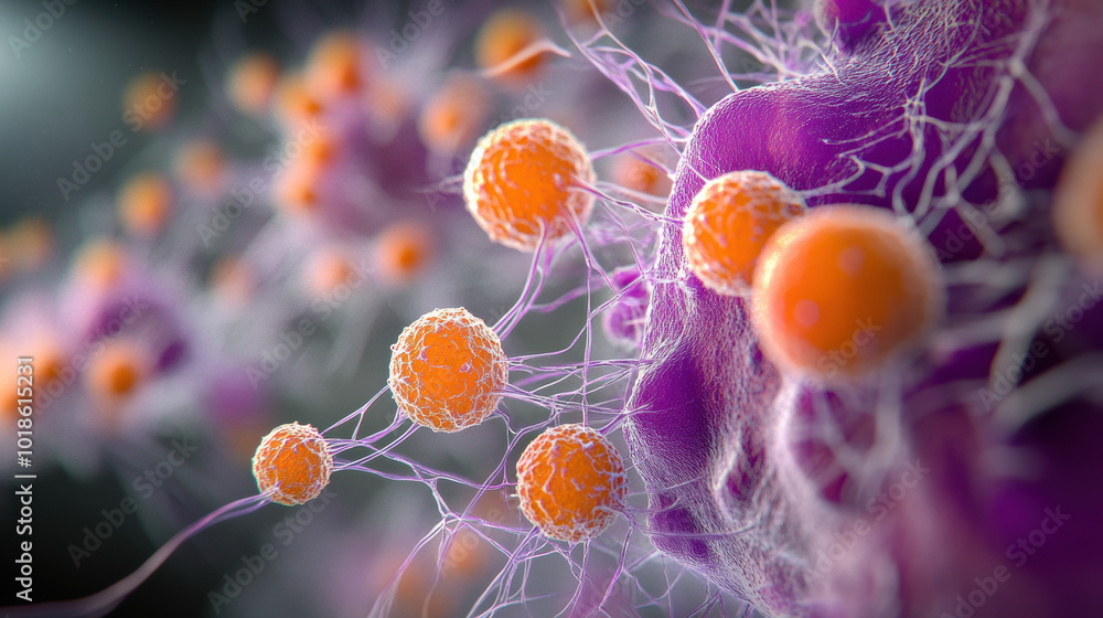 Poster biological network showcasing vibrant cells and intricate connections, illustrating complexity of ce