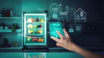 A hand holding a smartphone connected to a smart refrigerator in a modern kitchen. The screen is displaying a digital interface and icons that represent the features of the smart refrigerator.