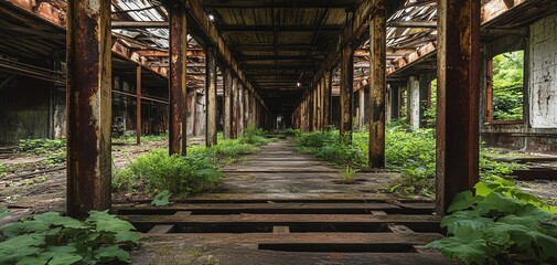 Overgrown abandoned building with wooden beams and rusty metal, overgrown with foliage