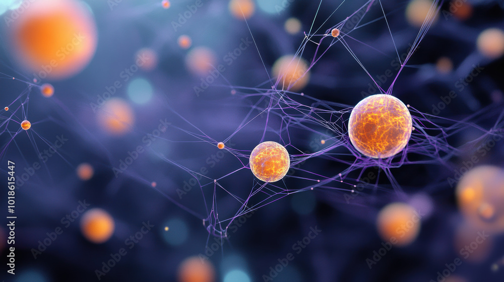 Poster microscopic composition showcasing glowing cells interconnected by fine strands, creating vibrant an