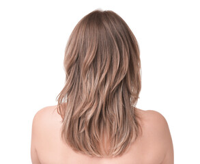 Woman with stylish haircut on white background, back view