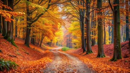 Autumn forest landscape with winding path covered in fallen leaves