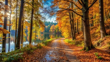 Obraz premium Autumn forest path leading to lake with shallow depth of field