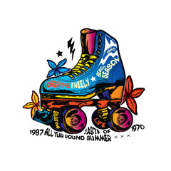 Roller skates with flowers on the background. Original vector illustration in vintage style. T-shirt design.