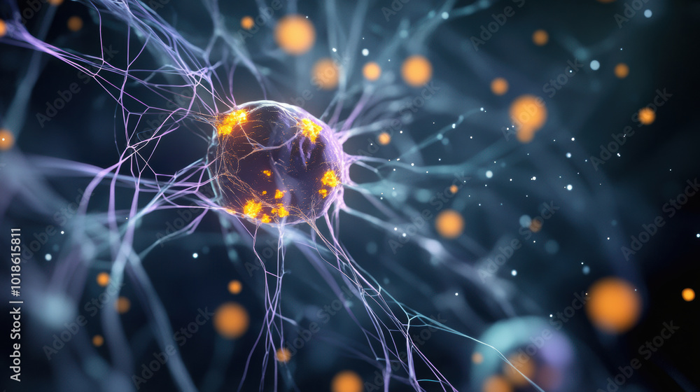 Poster microscopic fibers and glowing neurons create captivating view of cellular structures, showcasing in