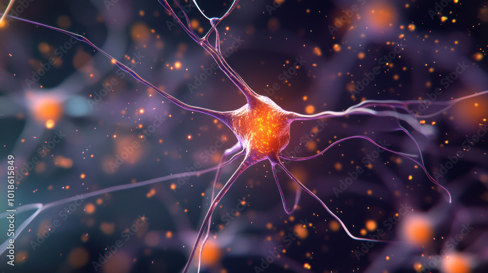 Poster detailed view of neuron with glowing fibers and particles, showcasing intricate structure and connec