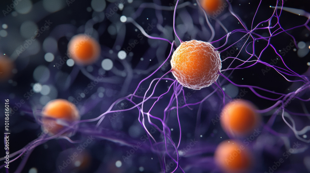 Poster high magnification view of biological structure showcasing vibrant orange cells connected by intrica
