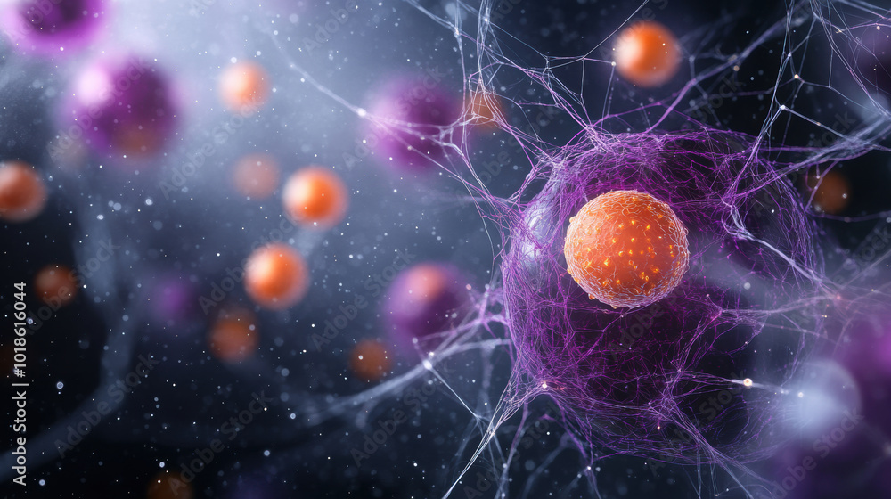 Poster high magnification view of biological structure showcasing vibrant cells and intricate networks. ima