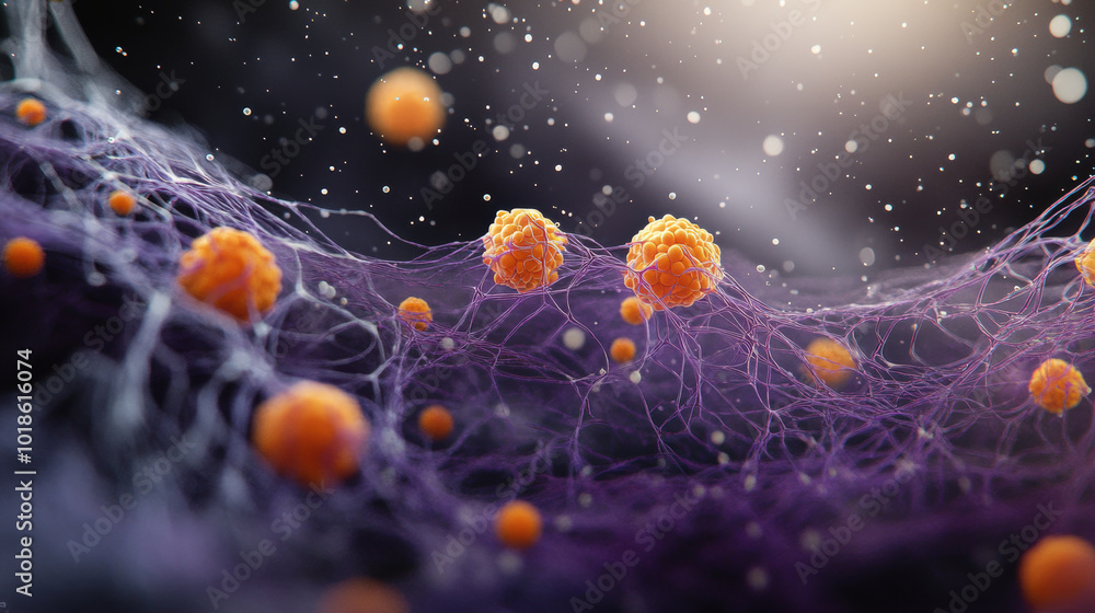 Poster high magnification view of small orange spheres amidst web of purple fibers, creating captivating an