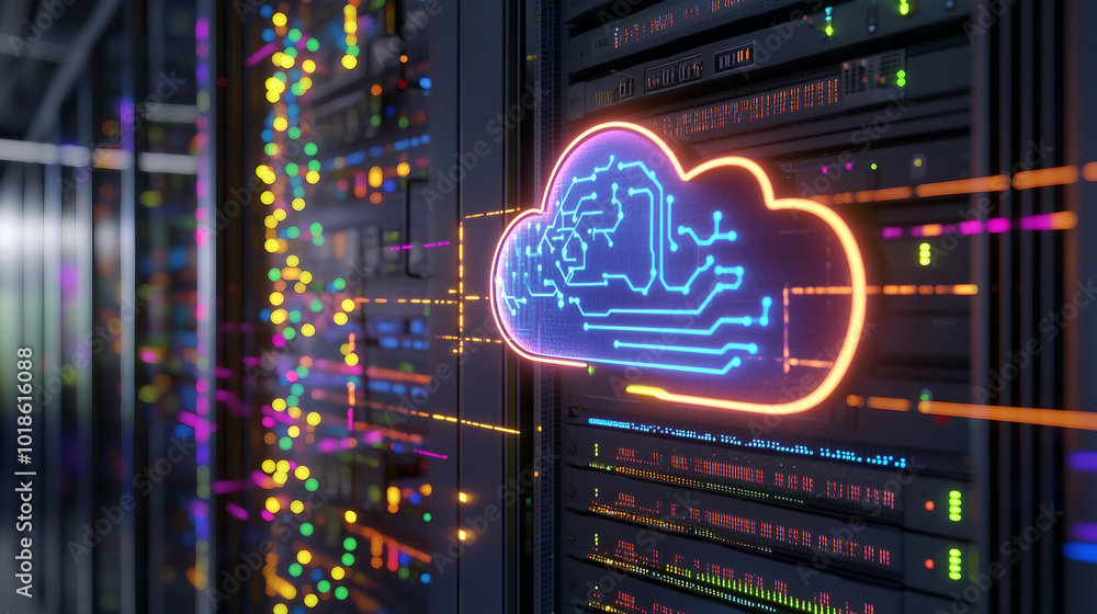 Poster a colorful cloud icon representing data flow and connectivity in a modern server room