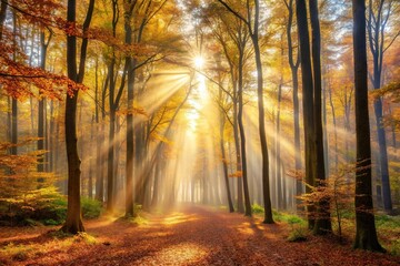 Obraz premium Autumn forest with sunbeams and fog symmetrical nature background