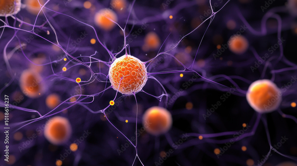 Poster microscopic image featuring vibrant neurons and synapses, showcasing intricate connections and cellu