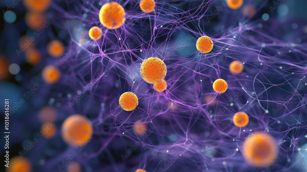 Poster microscopic image featuring vibrant orange cells interconnected by purple fibers, showcasing intrica