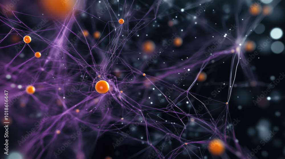 Poster microscopic view showing intricate networks of purple and orange particles, representing complex sys