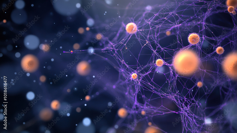 Poster microscopic view showing small orange cells connected by purple fibers, creating complex network. th