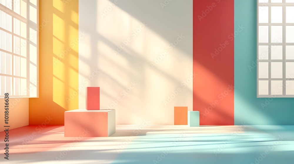 Aufkleber spectrum filled 3d studio setting with empty floor walls and a product display podium the scene is i
