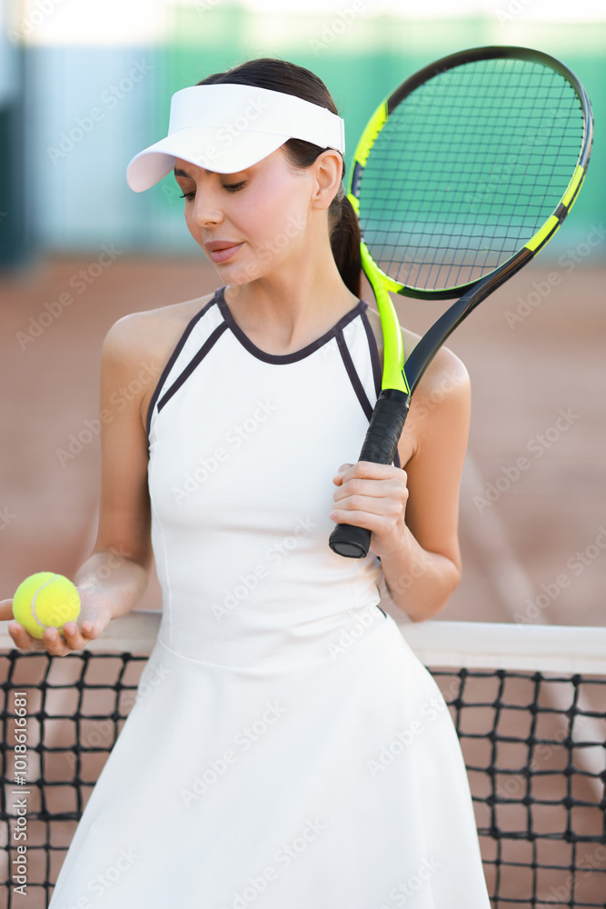 Canvas Prints Beautiful woman with tennis racket and ball on court