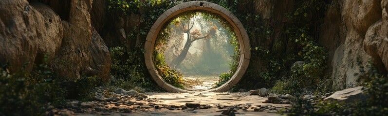 Spectacular fantasy scene with a portal archway covered in creepers. Fantasy Scenery.